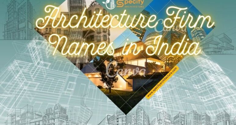 Architecture design – Neon text "Architecture Firm Names in India" over modern buildings, sketch drawings, Specify Architecture logo; naming tips for India. | Specify Architecture Varanasi