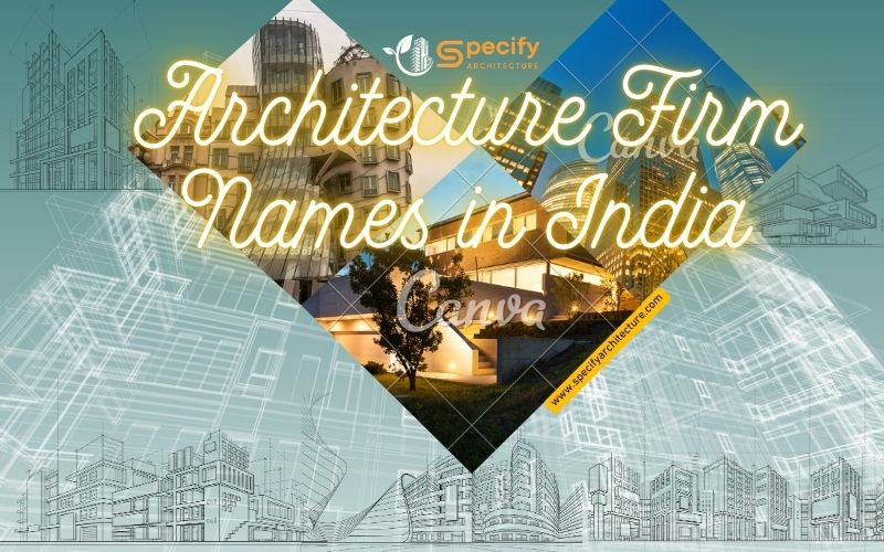 Architecture design – Neon text "Architecture Firm Names in India" over modern buildings, sketch drawings, Specify Architecture logo; naming tips for India. | Specify Architecture Varanasi