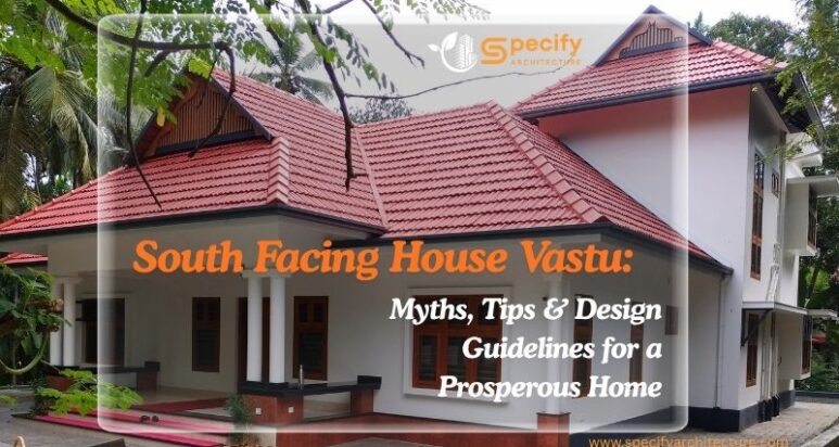 Architecture design – Modern white house with red sloped roof amid trees, text: South Facing House Vastu advantages, myths, tips, design guidelines. | Specify Architecture Varanasi