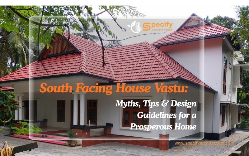 Architecture design – Modern white house with red sloped roof amid trees, text: South Facing House Vastu advantages, myths, tips, design guidelines. | Specify Architecture Varanasi